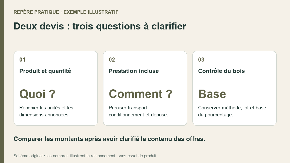 Grille de devis : produit et quantité, service de livraison, contexte du contrôle d’humidité.
