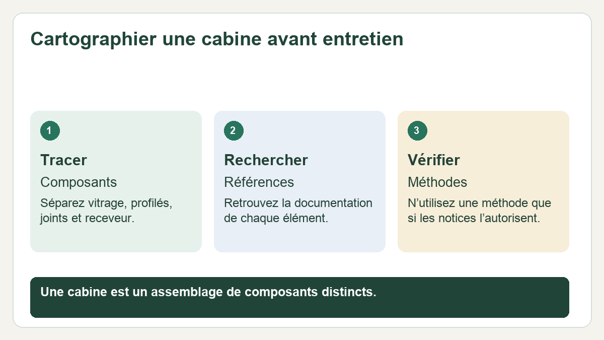 Schéma : Tracer — Composants : Séparez vitrage, profilés, joints et receveur. ; Rechercher — Références : Retrouvez la documentation de chaque élément. ; Vérifier — Méthodes : N’utilisez une méthode que si les notices l’autorisent.